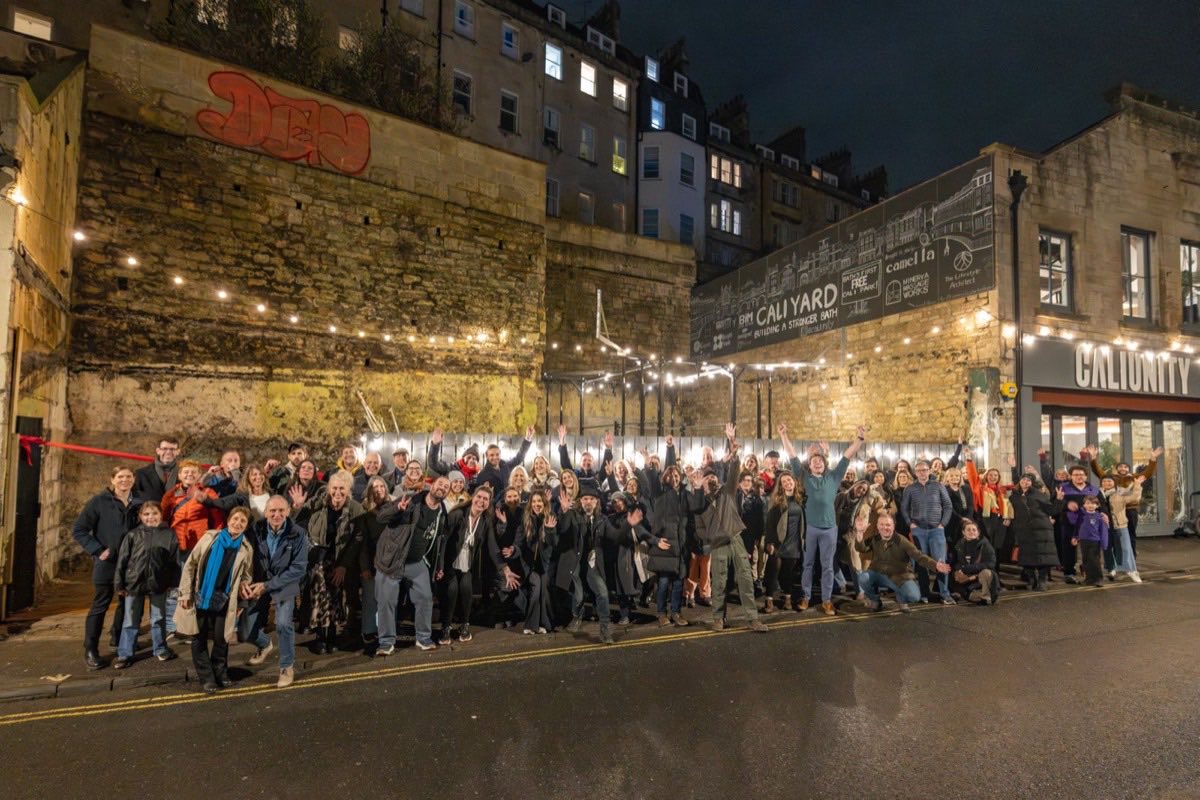 Opening night at the Cali Yard on Walcot Street, crowd celebrating under the lights